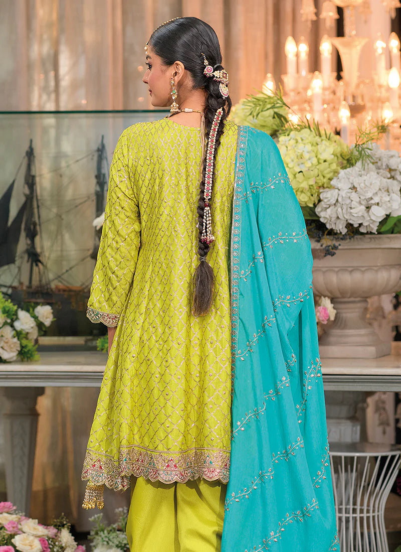 Yellow Teal Multi Embroidered Designer Dhoti Style Suit