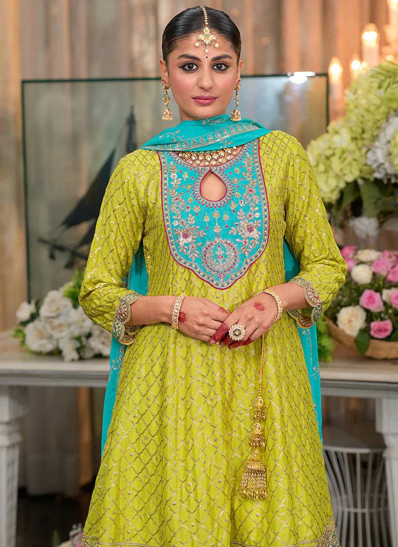 Yellow Teal Multi Embroidered Designer Dhoti Style Suit