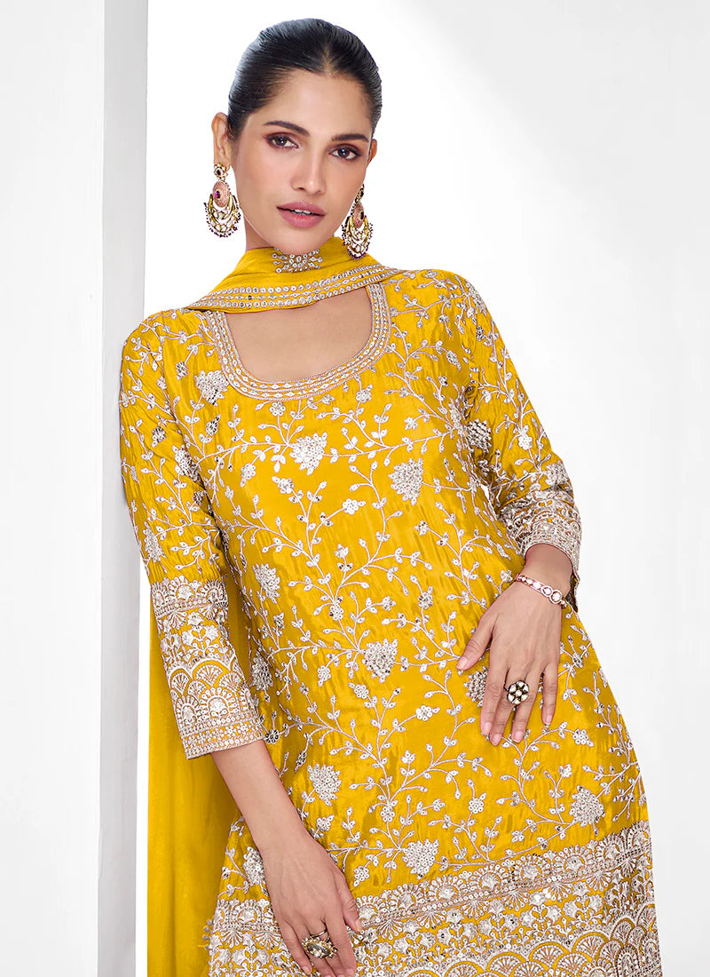 Yellow Traditional Embroidery Festive Gharara Suit