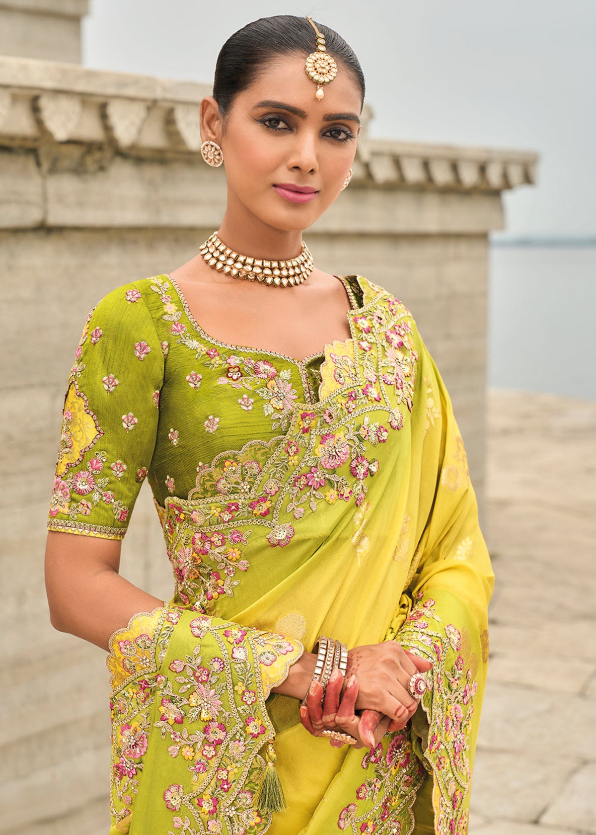 Yellow And Green Multi Embroidery Saree