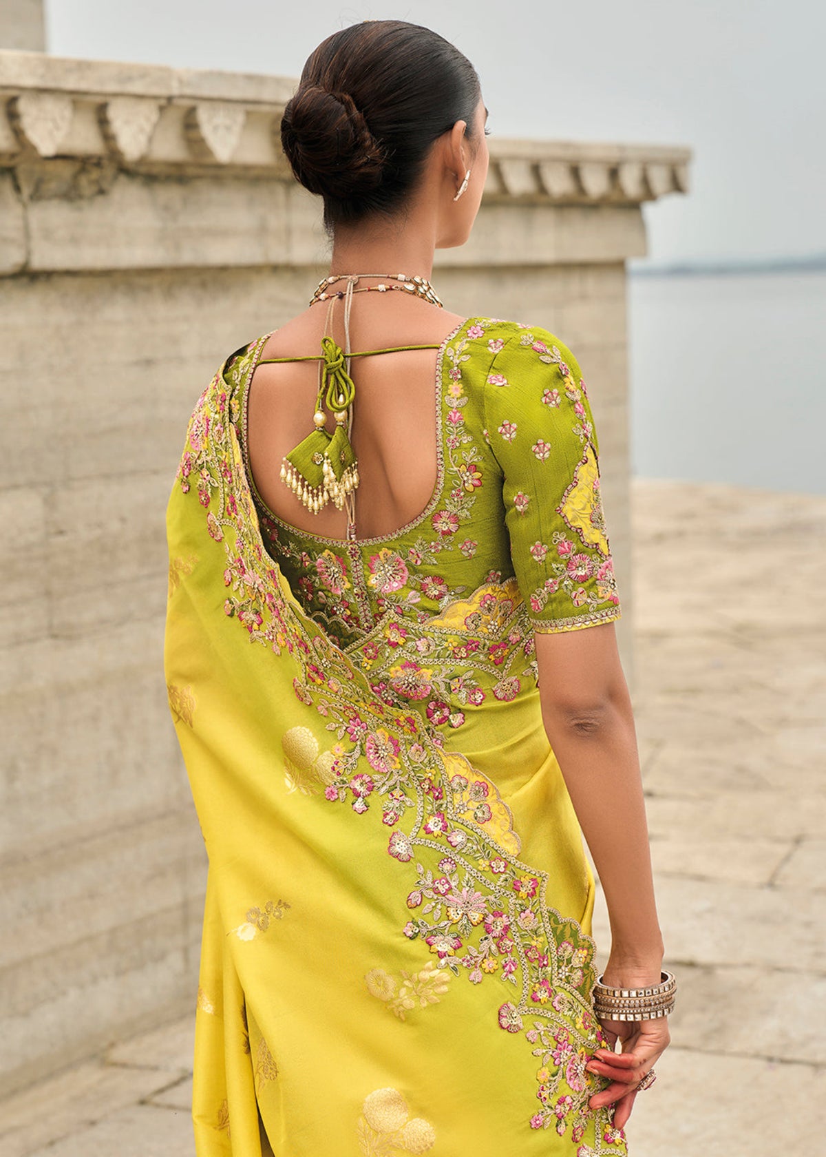 Yellow And Green Multi Embroidery Saree