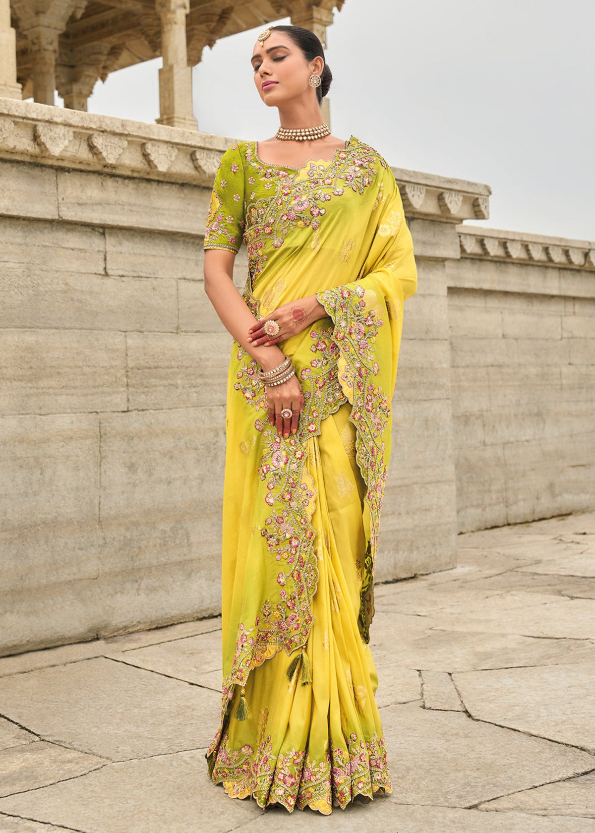 Yellow And Green Multi Embroidery Saree