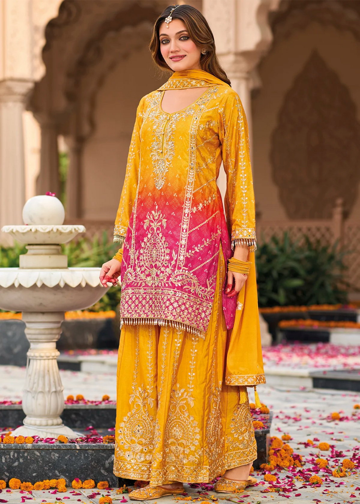 Yellow And Pink Ombre Palazzo Suit