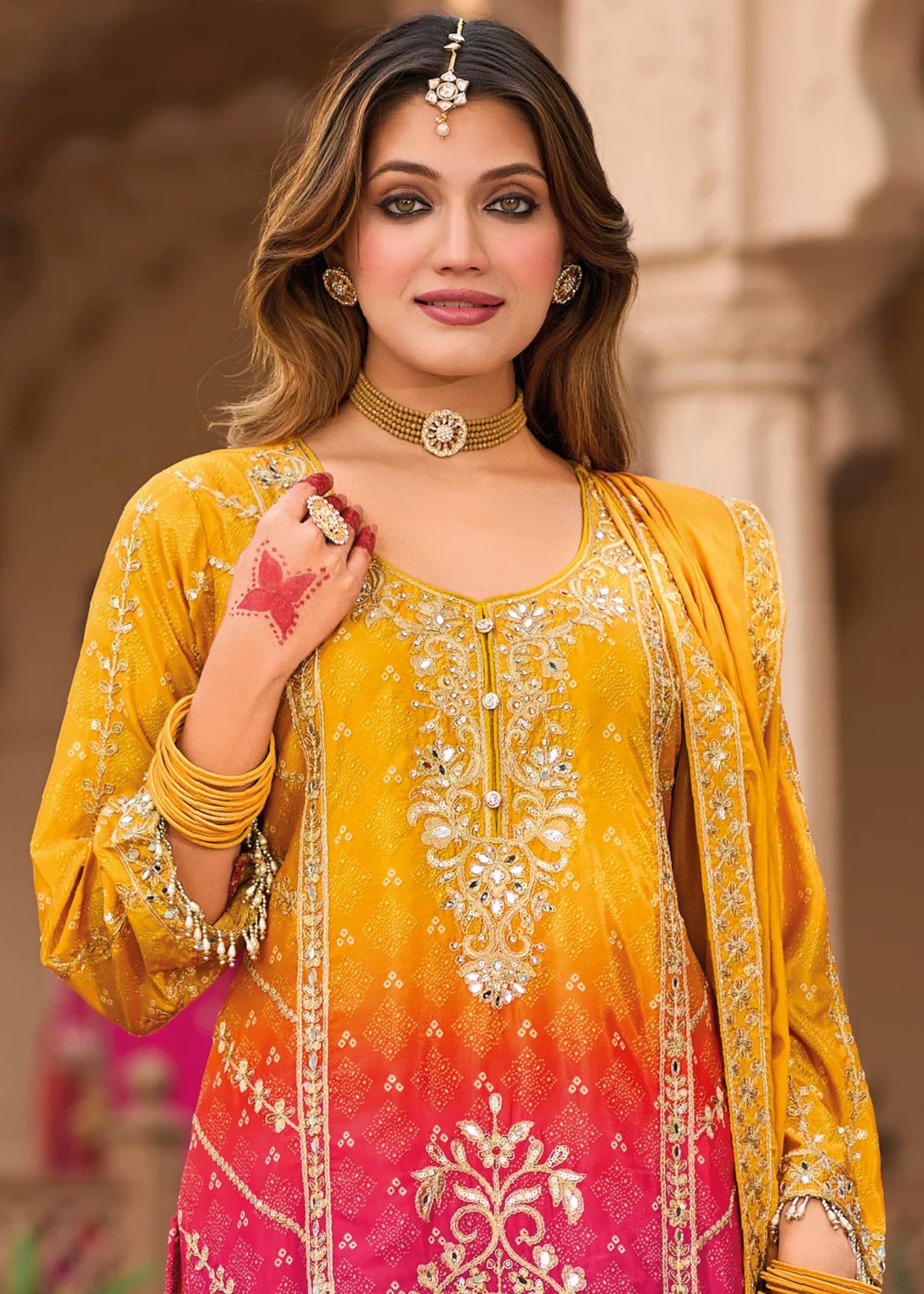 Yellow And Pink Ombre Palazzo Suit