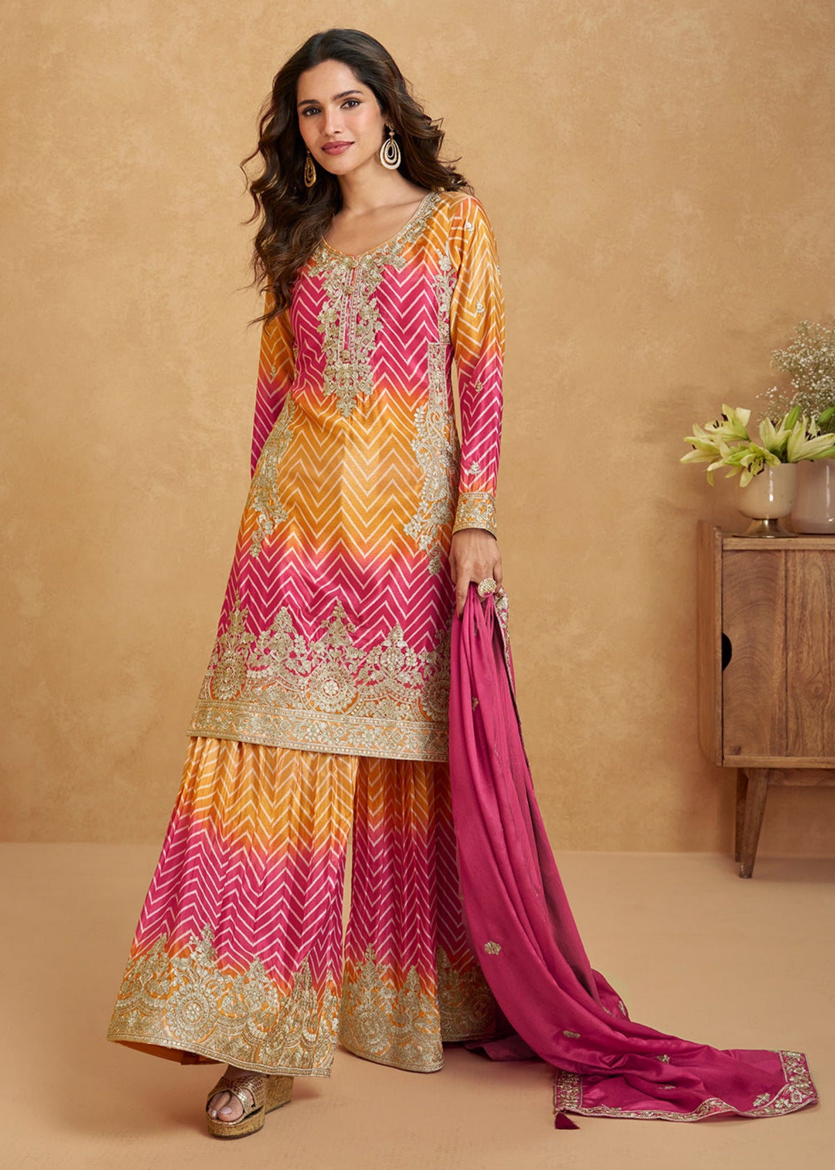 Buy Yellow And Pink Ombre style Sharara suit