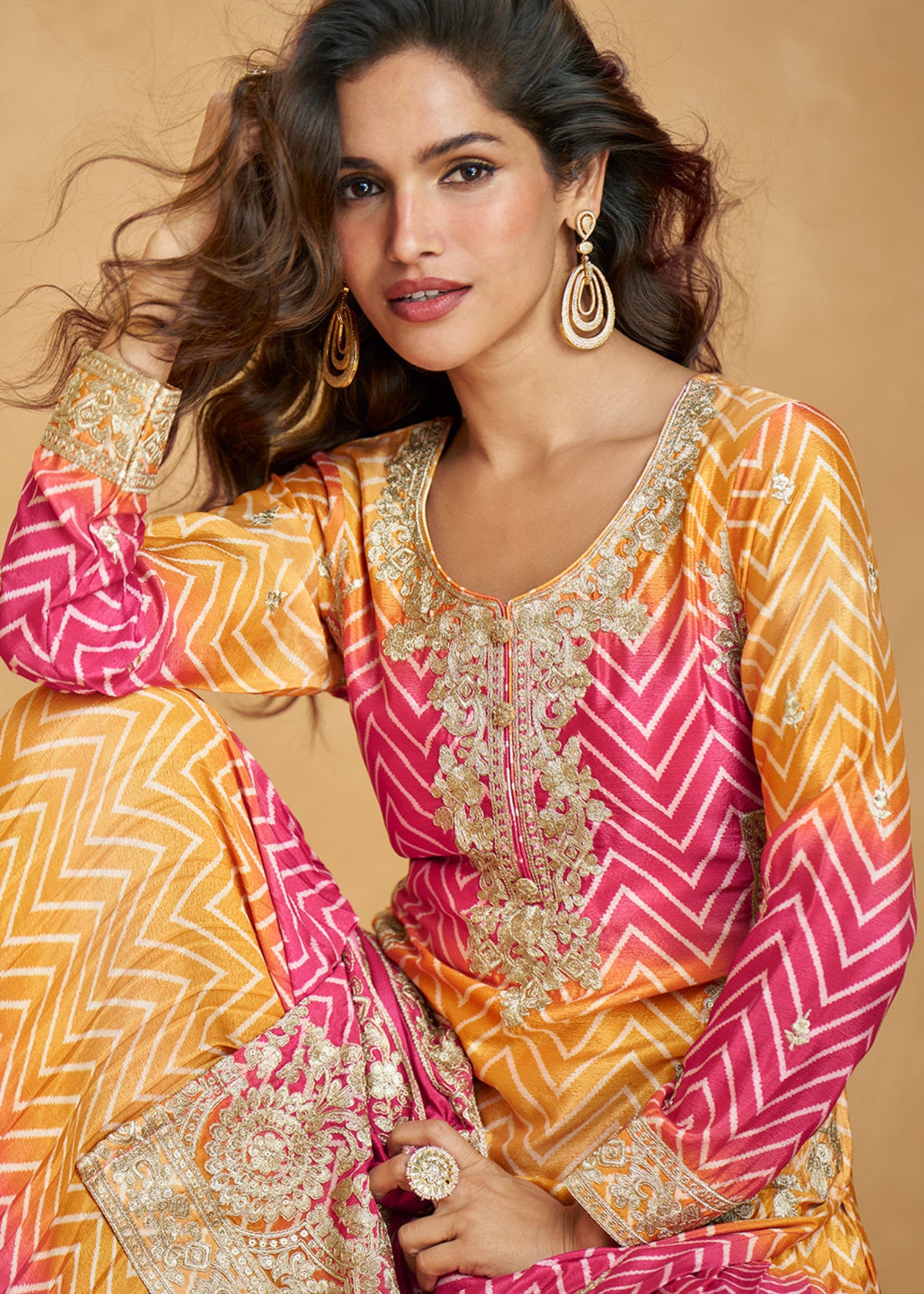 Buy Yellow And Pink Ombre style Sharara suit