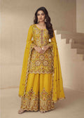 Yellow Chinon Embroidered Palazzo Suit