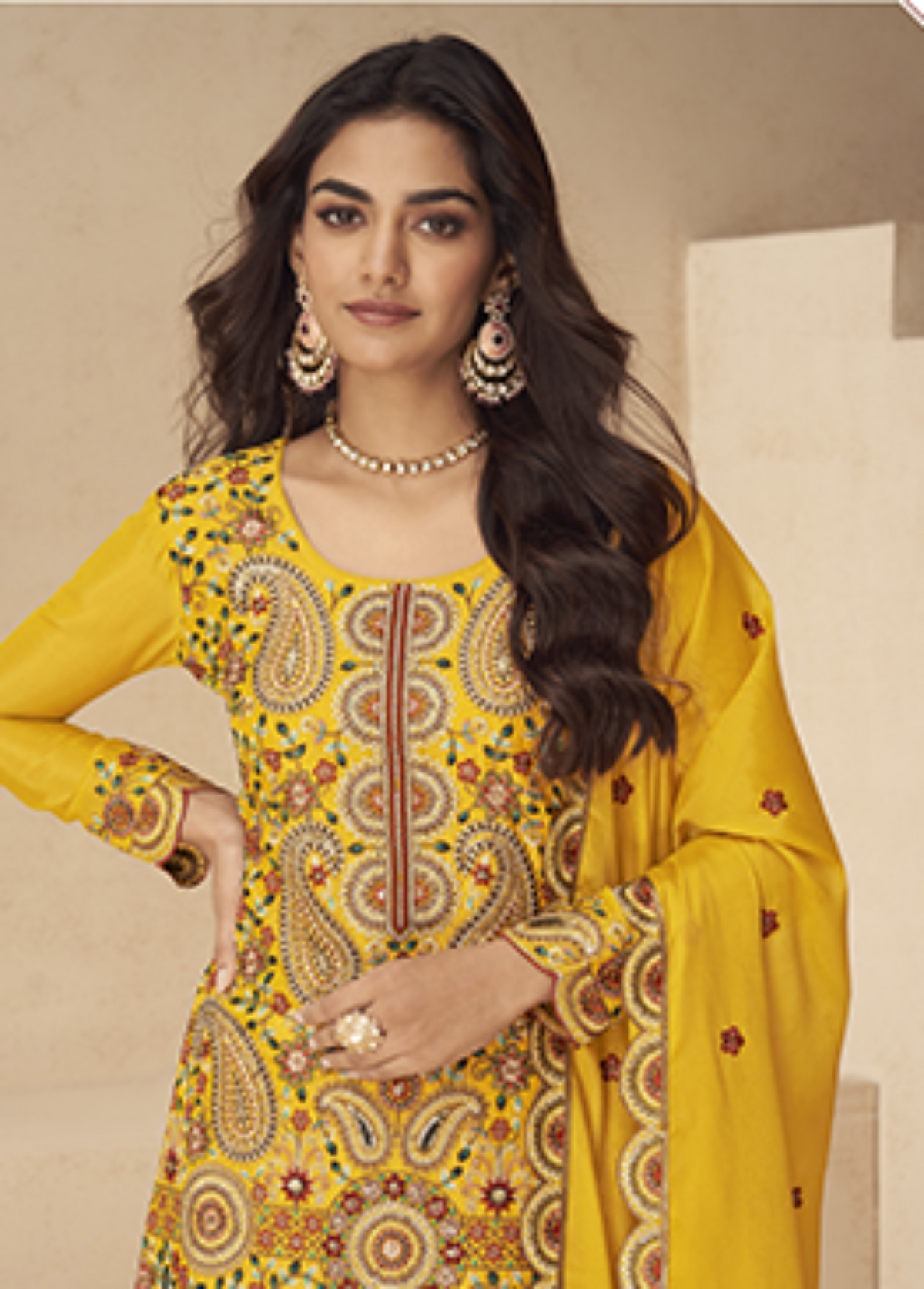 Yellow Chinon Embroidered Palazzo Suit