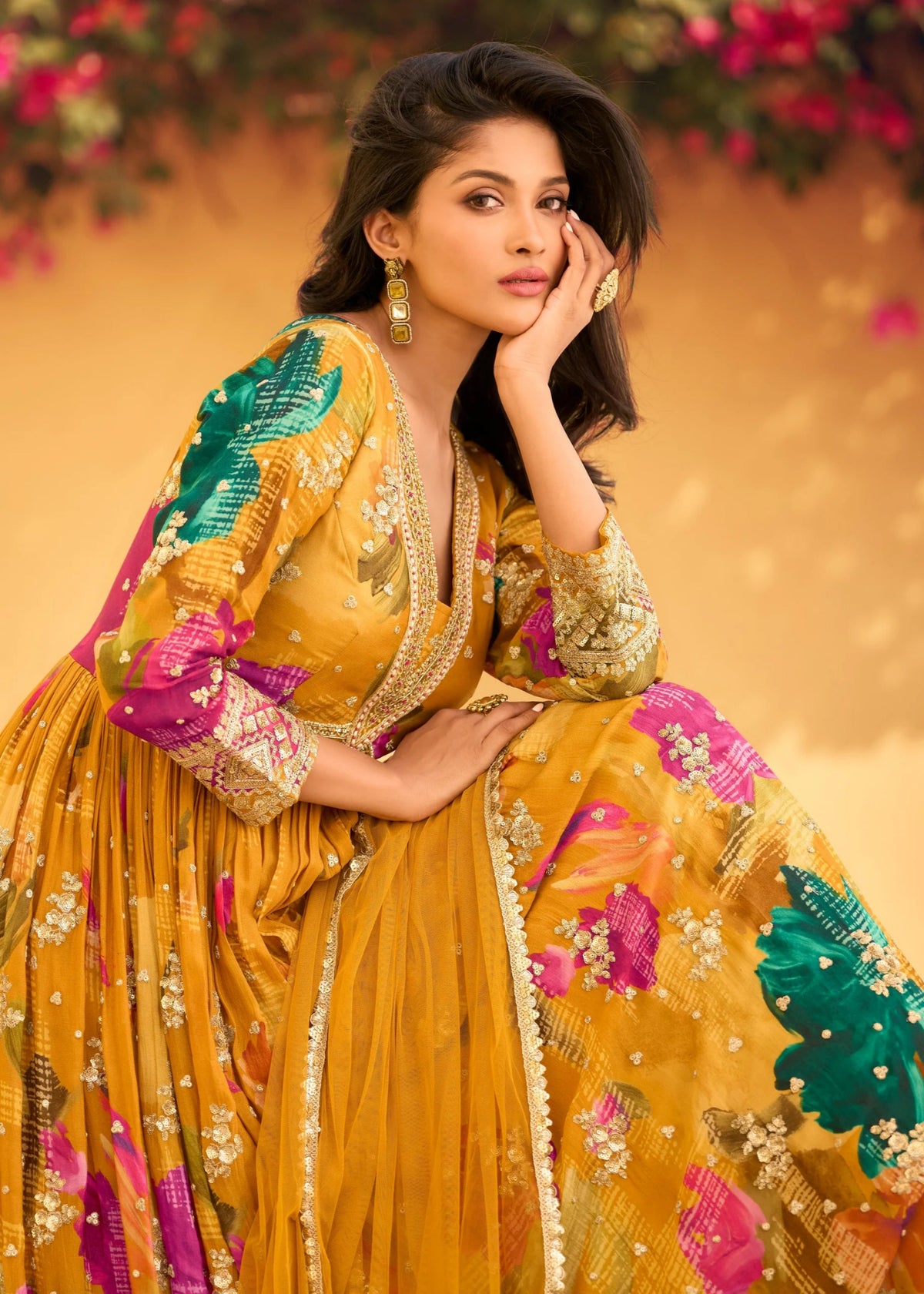 Yellow Embroidered Floral Anarkali gown