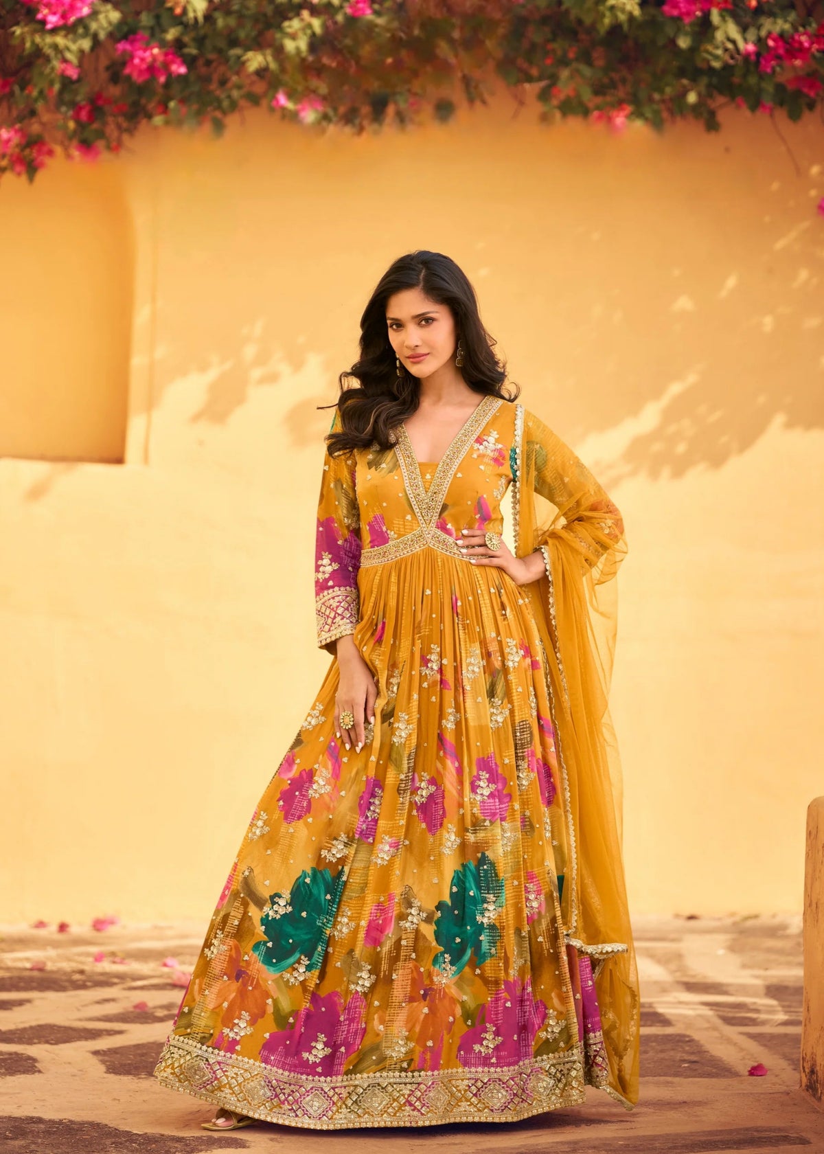 Yellow Embroidered Floral Anarkali gown