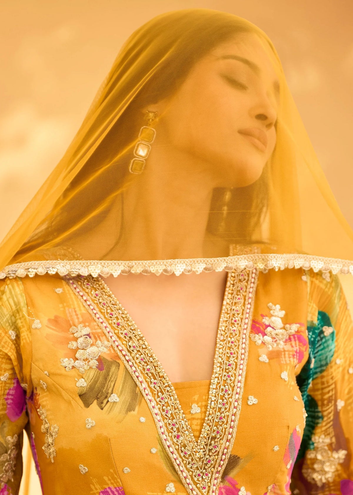 Yellow Embroidered Floral Anarkali gown