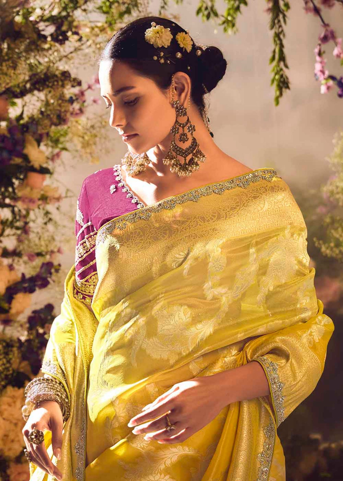 Yellow Embroidery Banarasi silk Saree