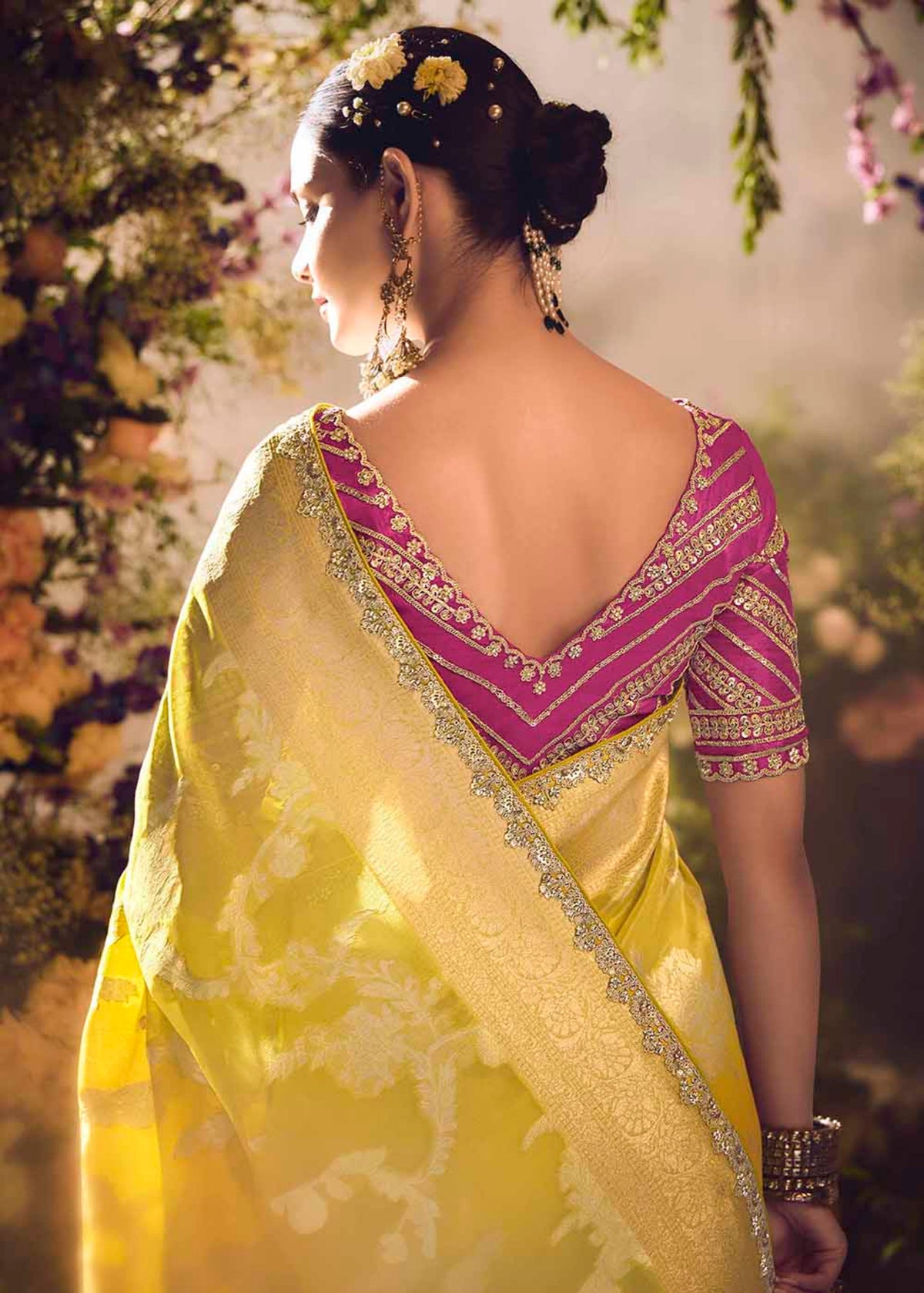 Yellow Embroidery Banarasi silk Saree