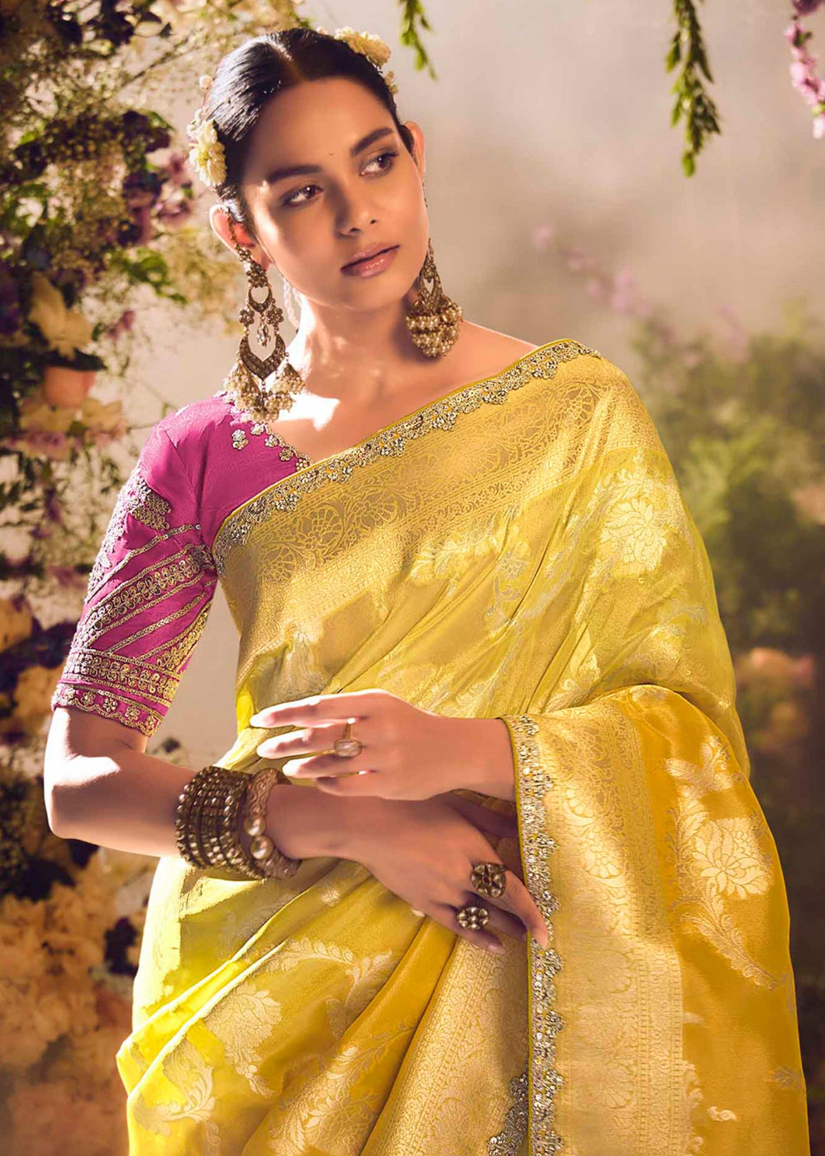 Yellow Embroidery Banarasi silk Saree