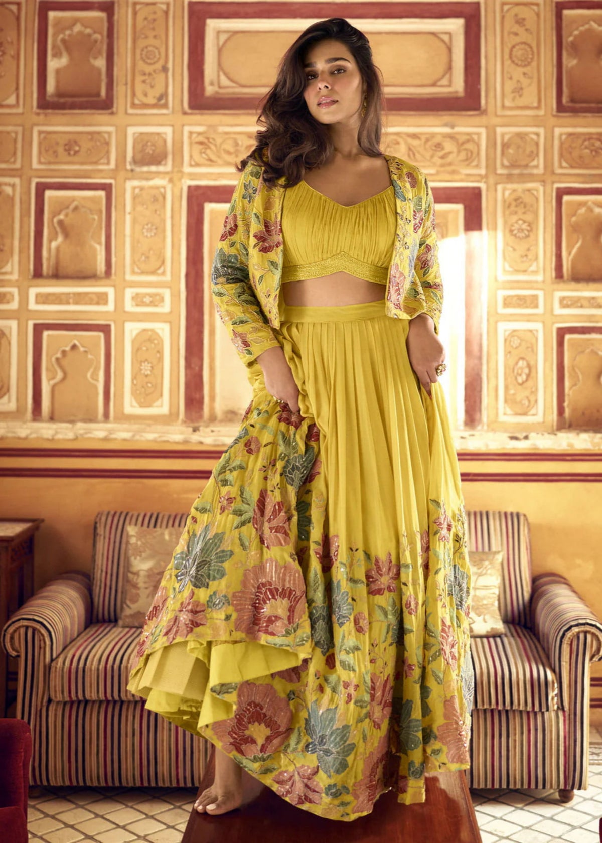 Yellow Floral Jacket Style Designer Lehenga Choli