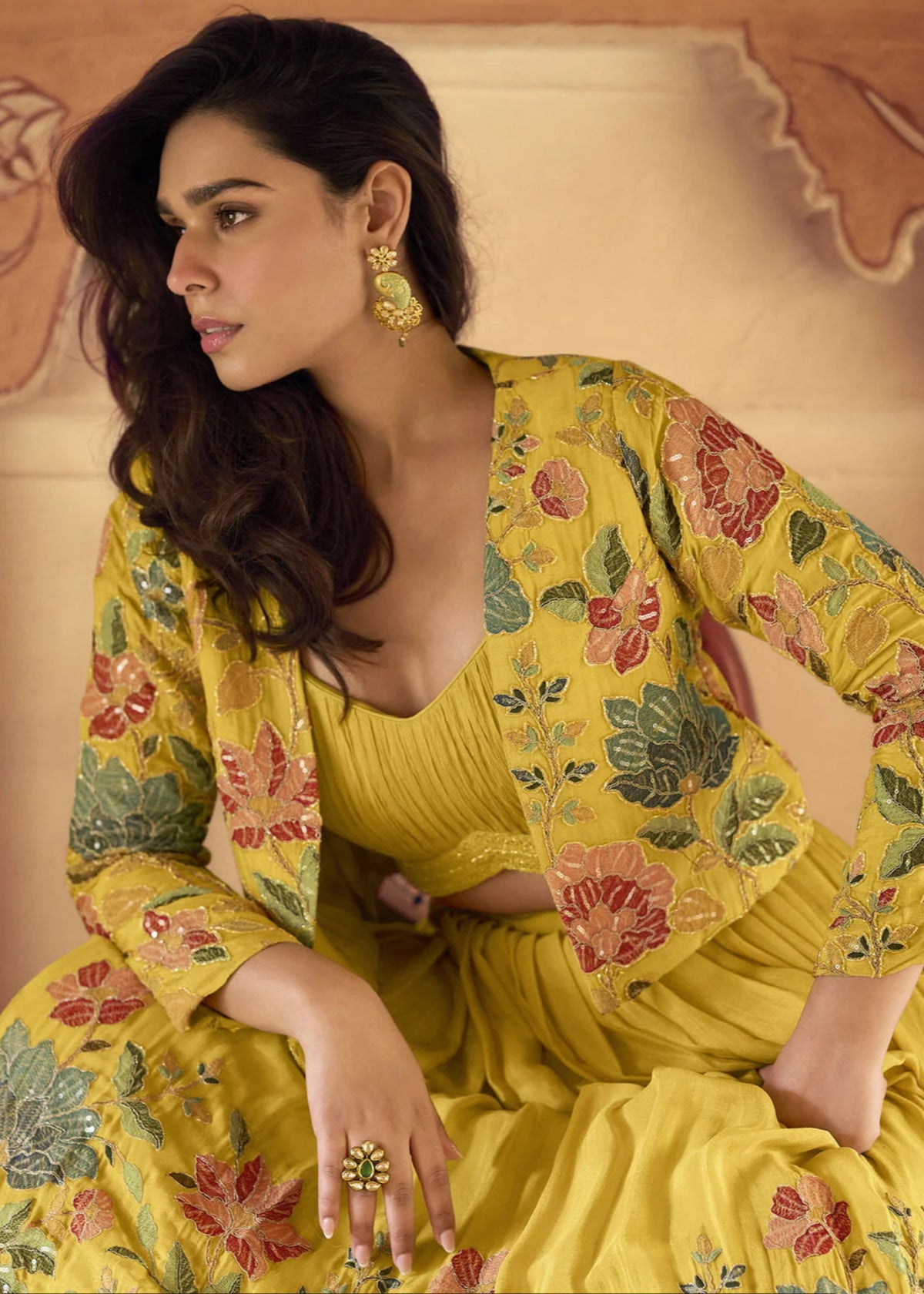 Yellow Floral Jacket Style Designer Lehenga Choli