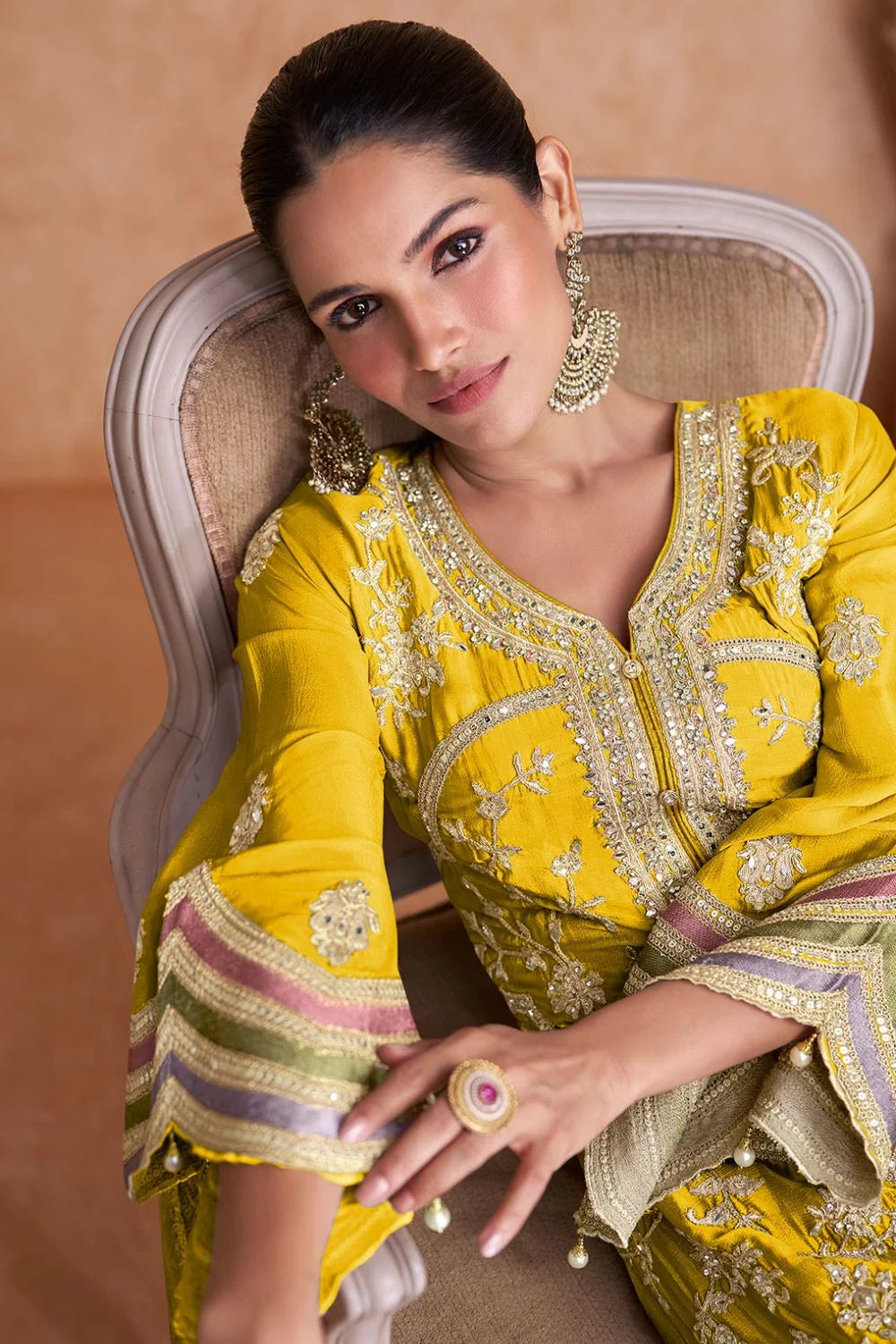 Yellow Multi Embroidery Pant Style Suit