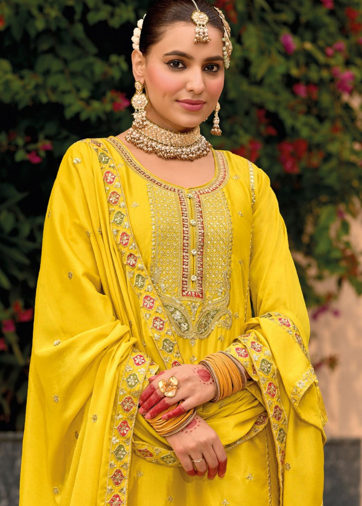 Yellow Multi Embroidery chinnon silk Palazzo Suit