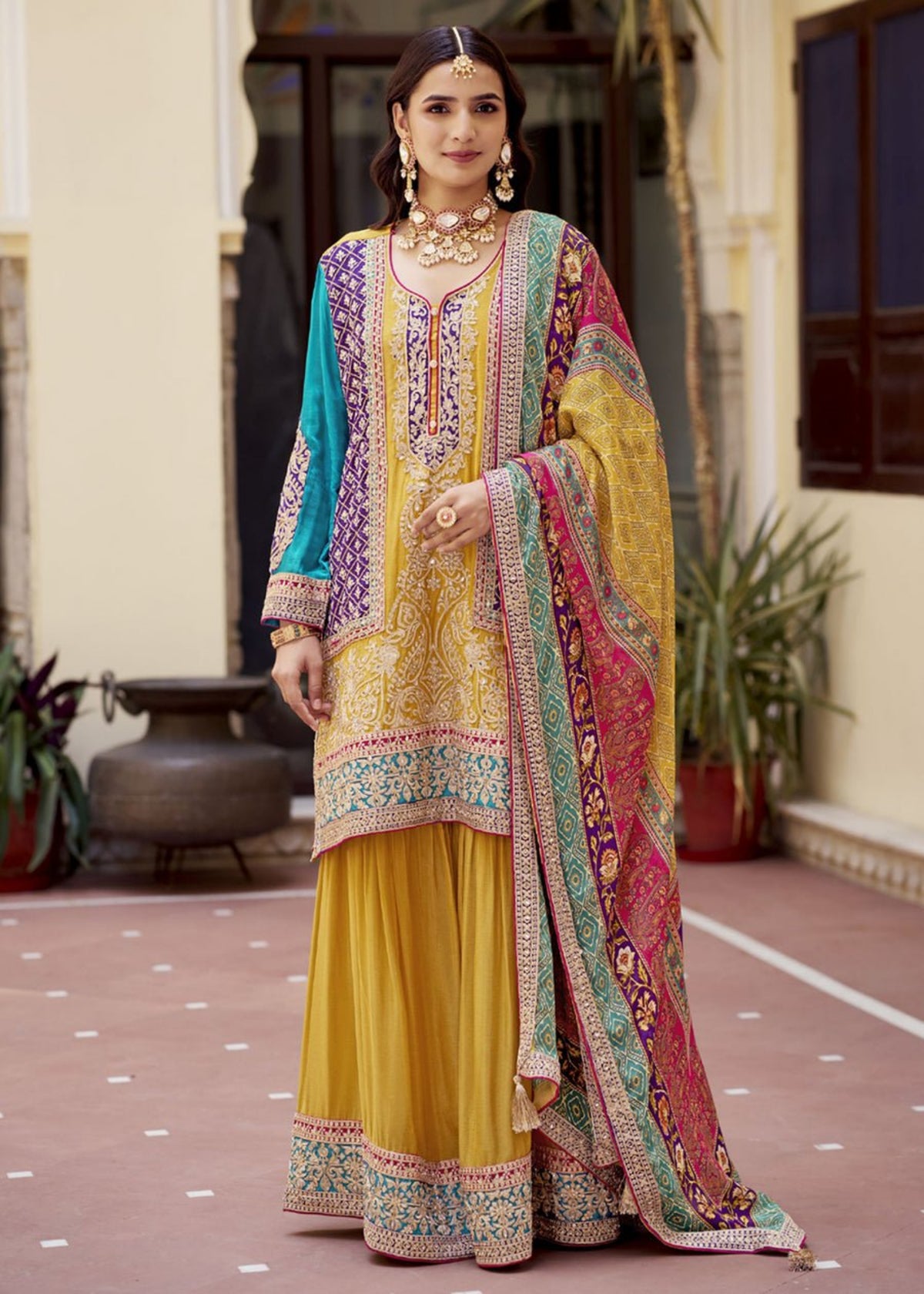 Yellow Multicolor Embroidered Sharara Suit