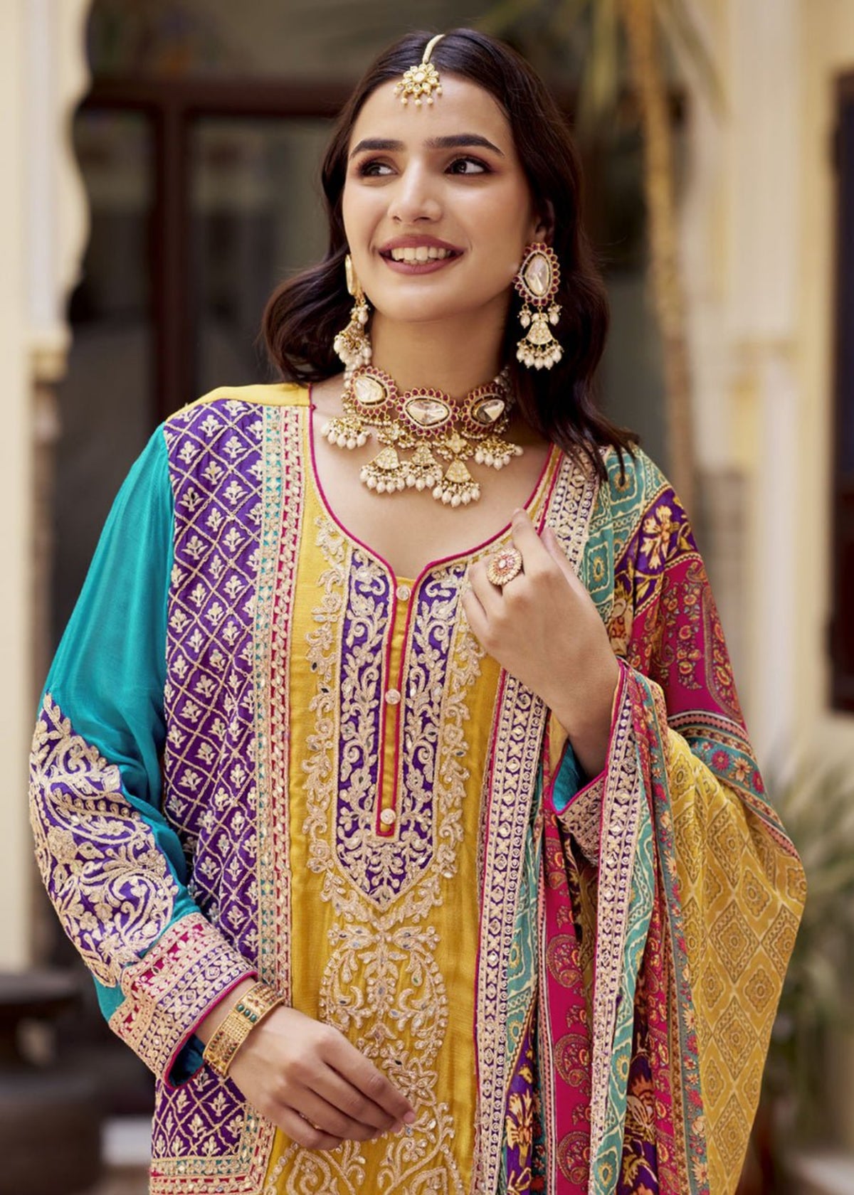 Yellow Multicolor Embroidered Sharara Suit