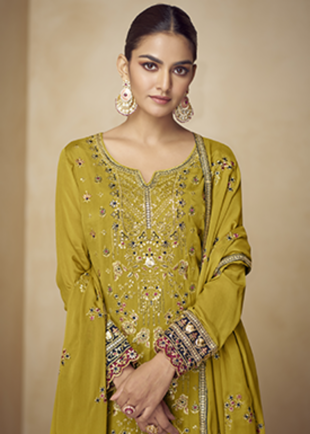 Yellow Silk Hand Embroidered Palazzo Suit.