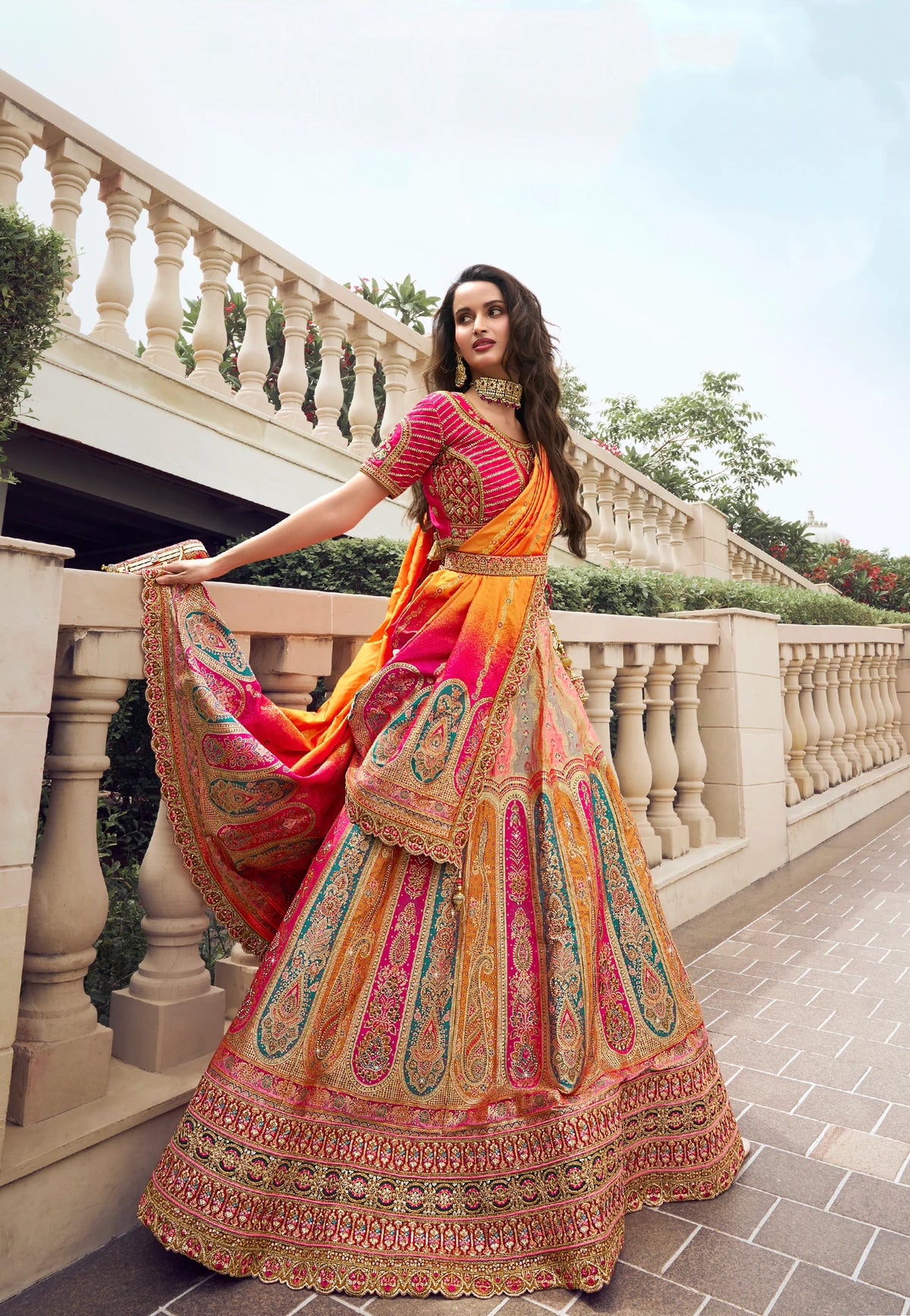 Yellow and Pink Banarasi Silk bridal lehenga choli