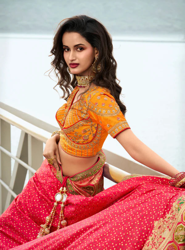 Yellow and Orange Banarasi Silk bridal lehenga