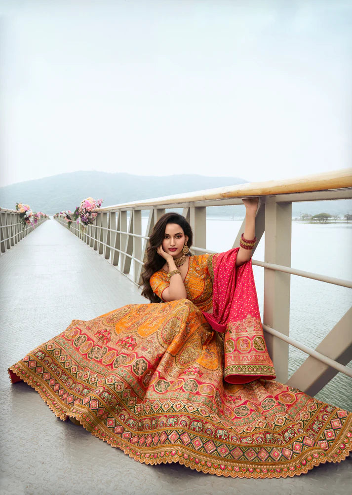 Yellow and Orange Banarasi Silk bridal lehenga