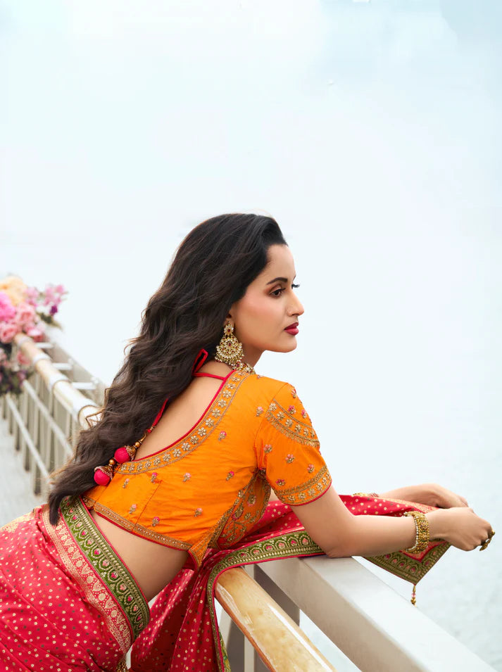 Yellow and Orange Banarasi Silk bridal lehenga