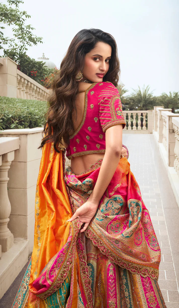 Yellow and Pink Banarasi Silk bridal lehenga choli