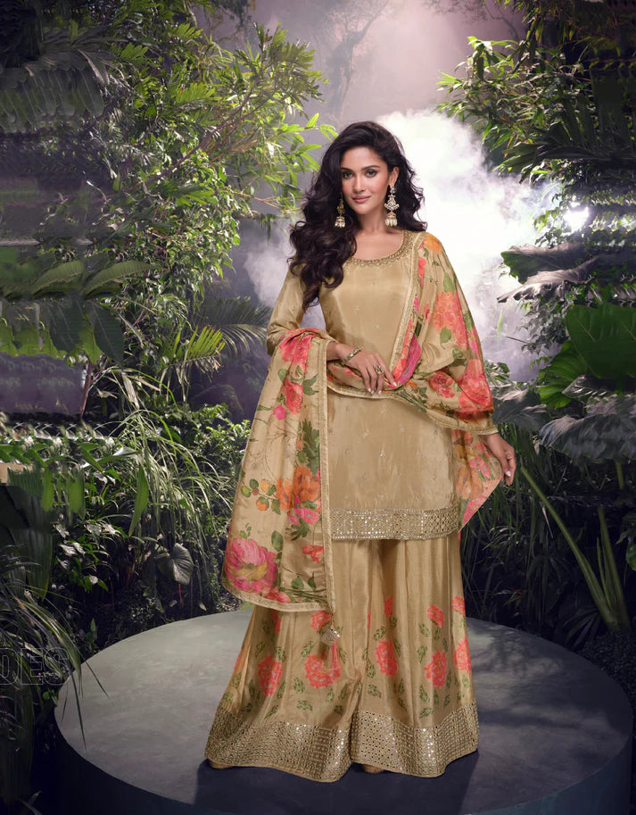 beige Chinon Silk Sharara Suit