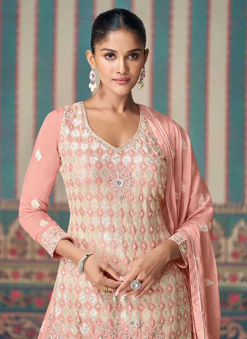 Blush Pink Designer Embroidery Chinnon Sharara Suit