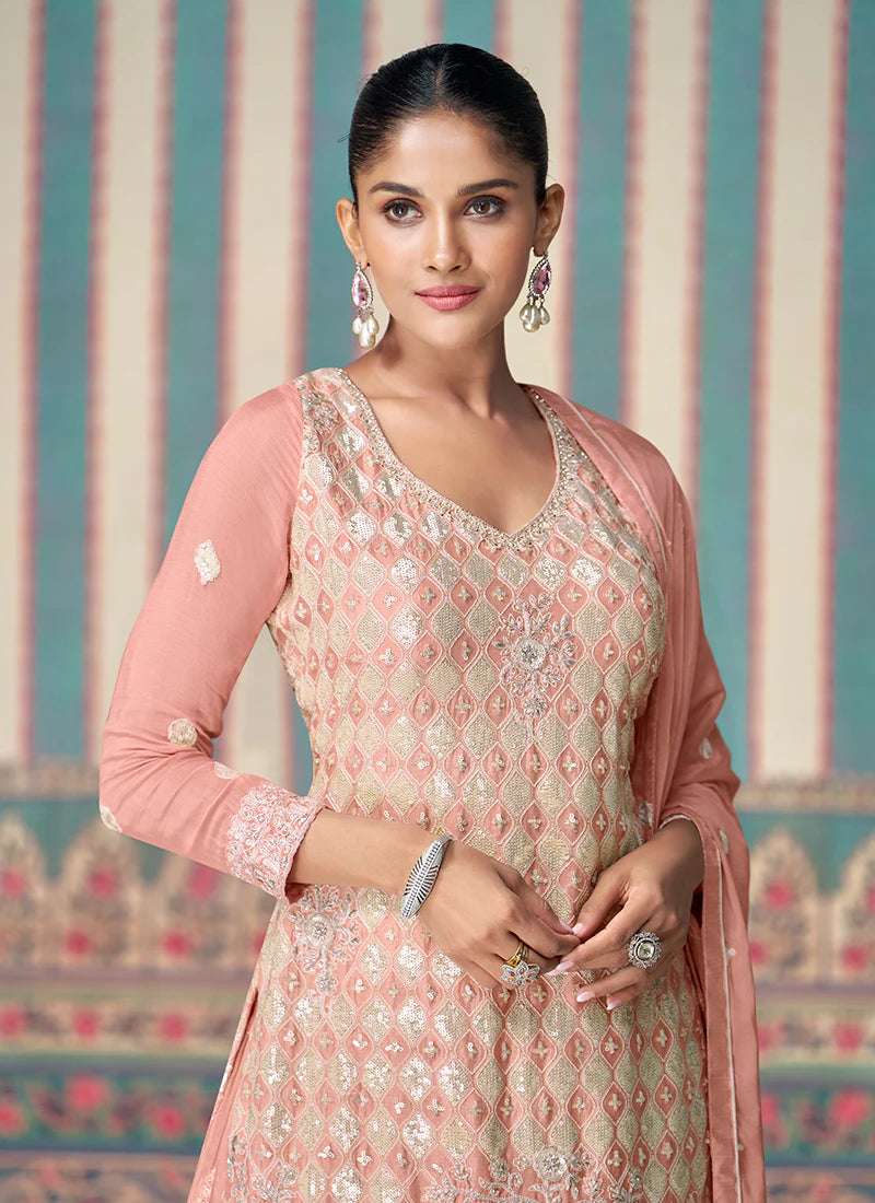 Blush Pink Designer Embroidery Chinnon Sharara Suit