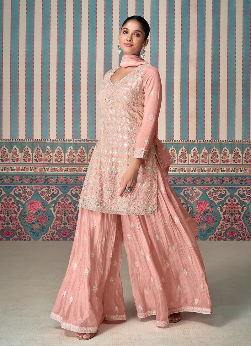 Blush Pink Designer Embroidery Chinnon Sharara Suit