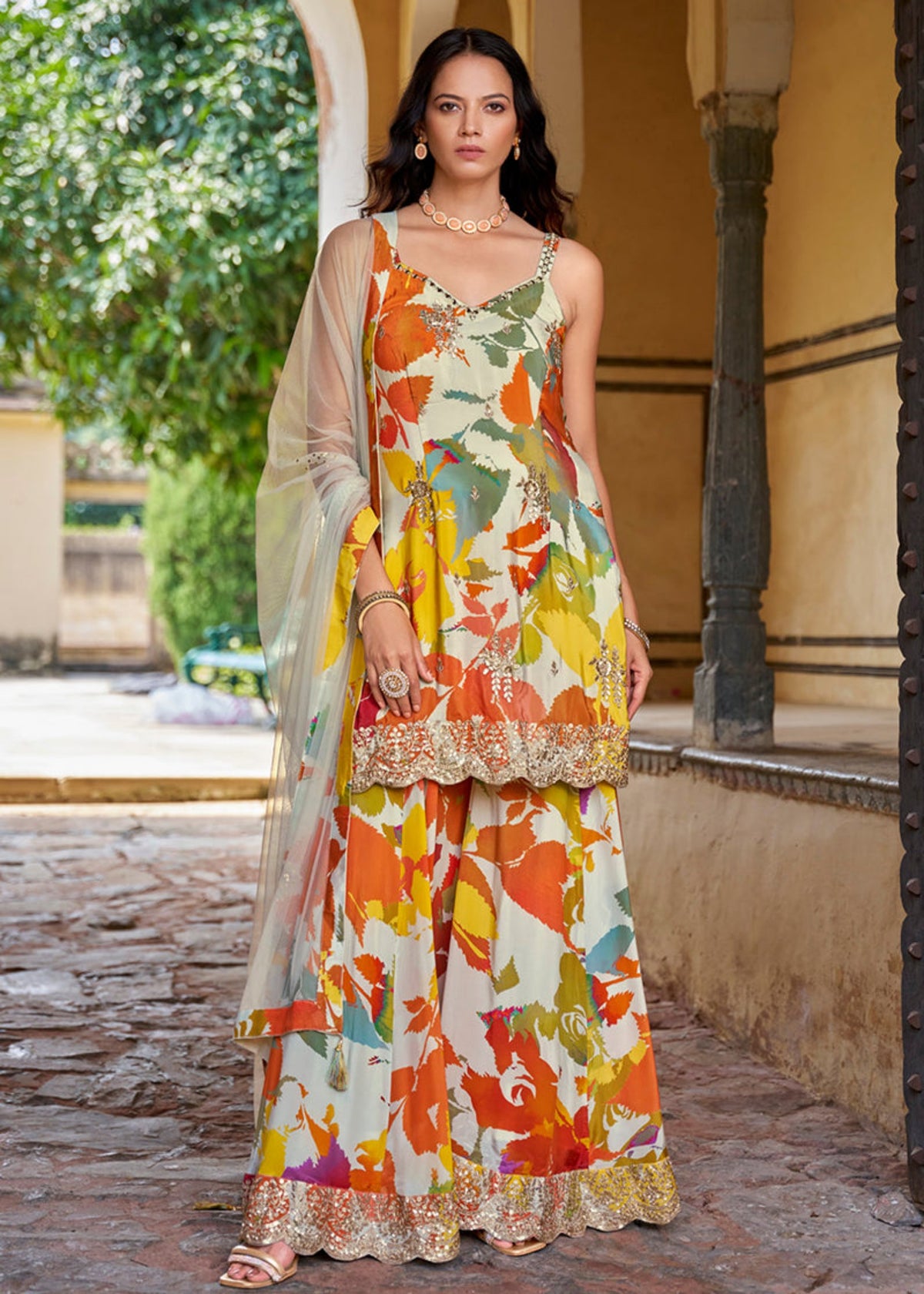 cream modern Chinnon Palazzo Suit with Prints & Embroidery 