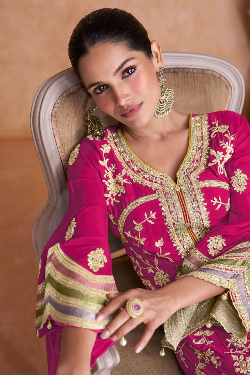 fuchsia pink Multi Embroidery Pant Style Suit 