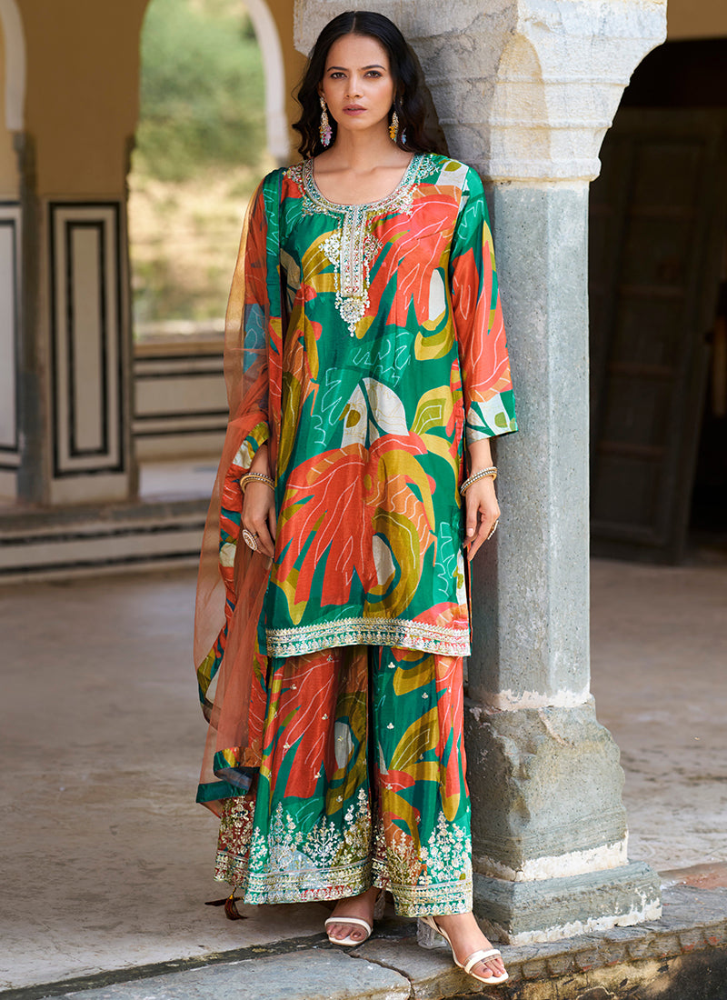 green modern Chinnon Palazzo Suit with Prints & Embroidery