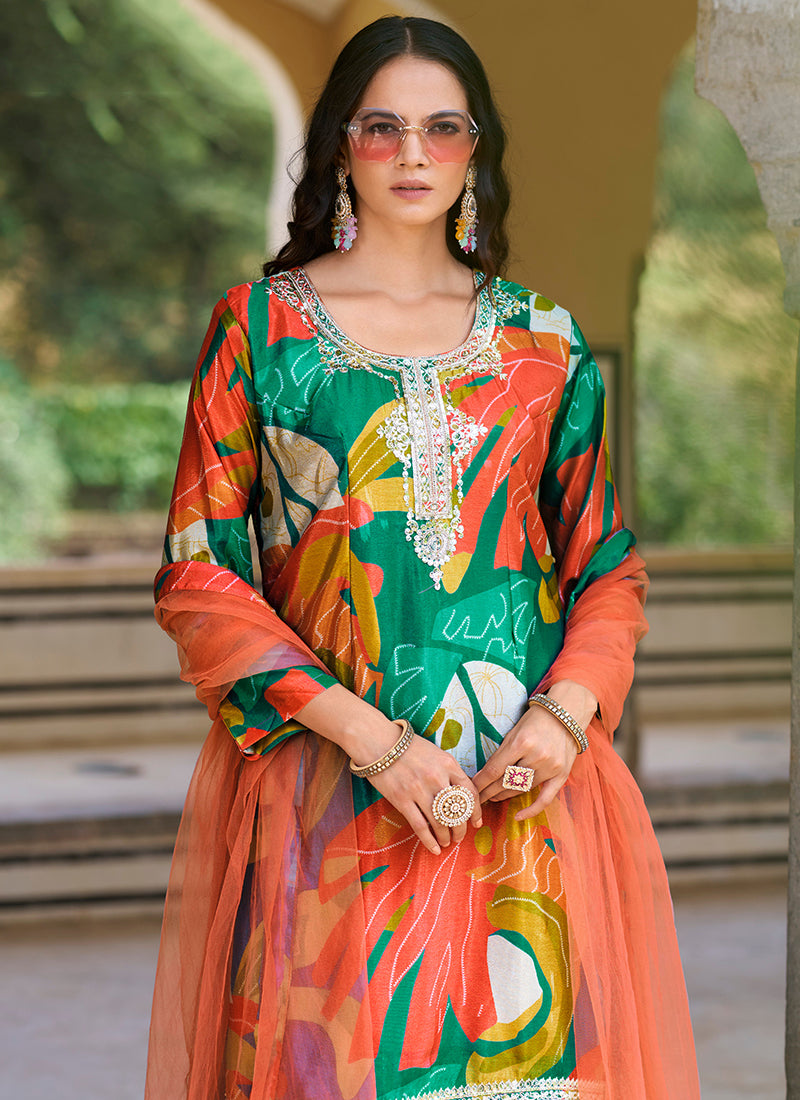 green modern Chinnon Palazzo Suit with Prints & Embroidery