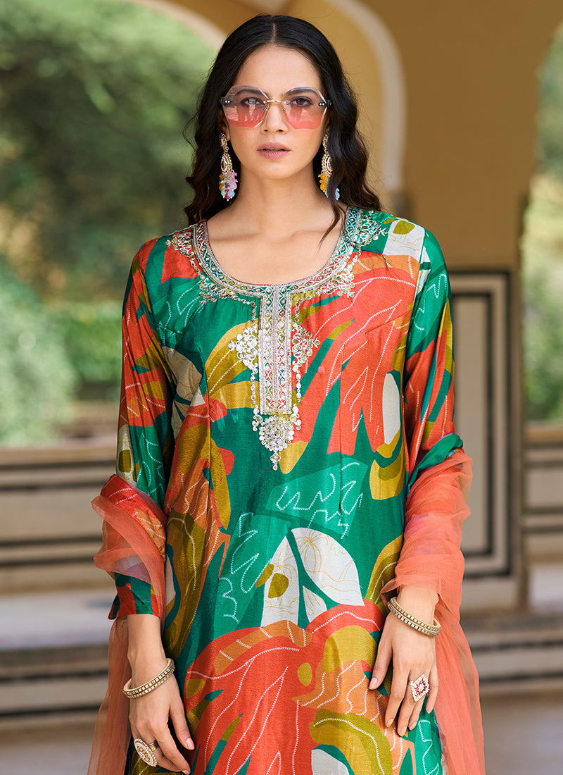 green modern Chinnon Palazzo Suit with Prints & Embroidery 