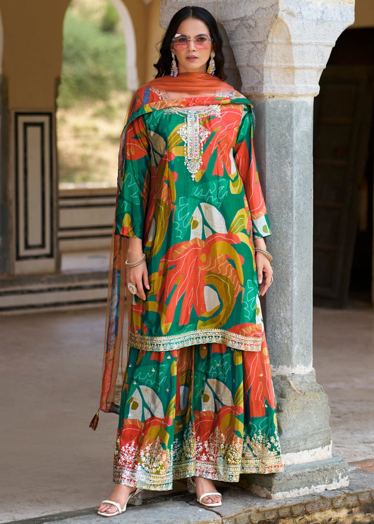 green modern Chinnon Palazzo Suit with Prints & Embroidery 