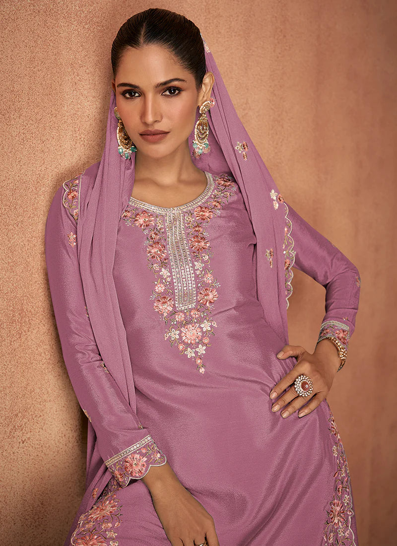 Lavender Multi Embroidery Party Wear Sharara Suit