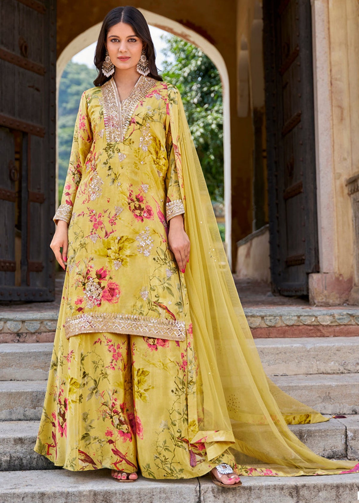 lime yellow modern Chinnon Palazzo Suit with Prints & Embroidery