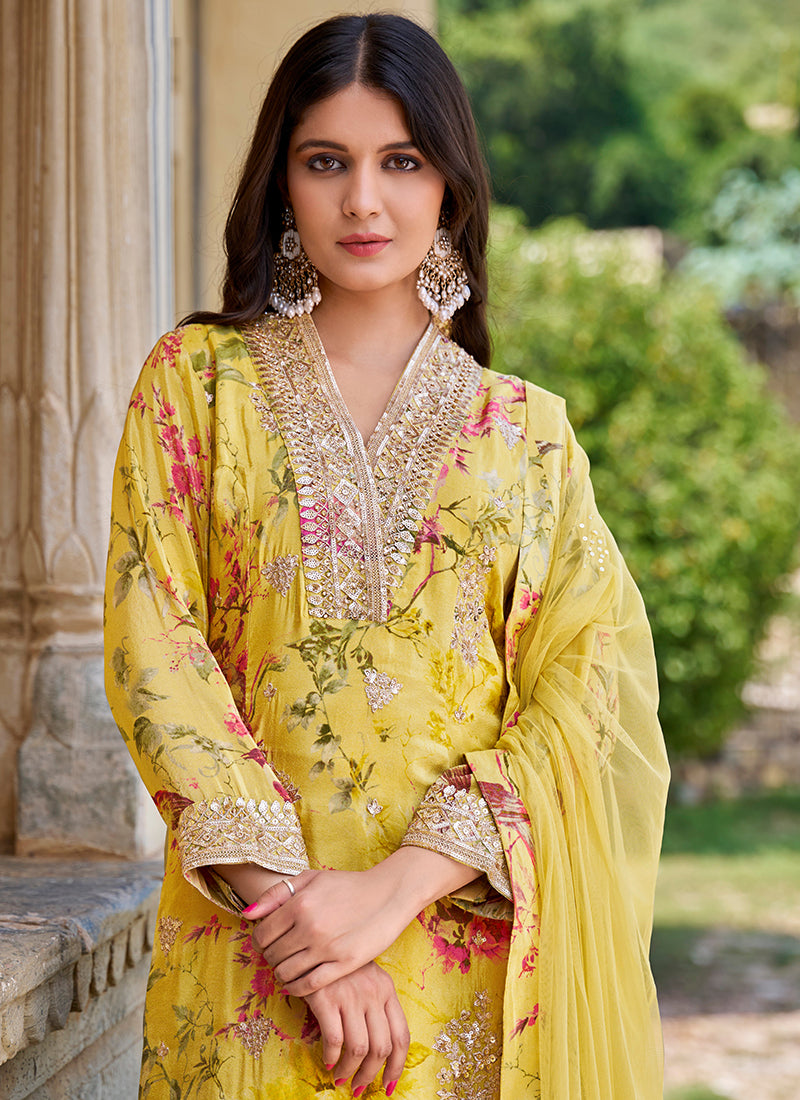 lime yellow modern Chinnon Palazzo Suit with Prints & Embroidery