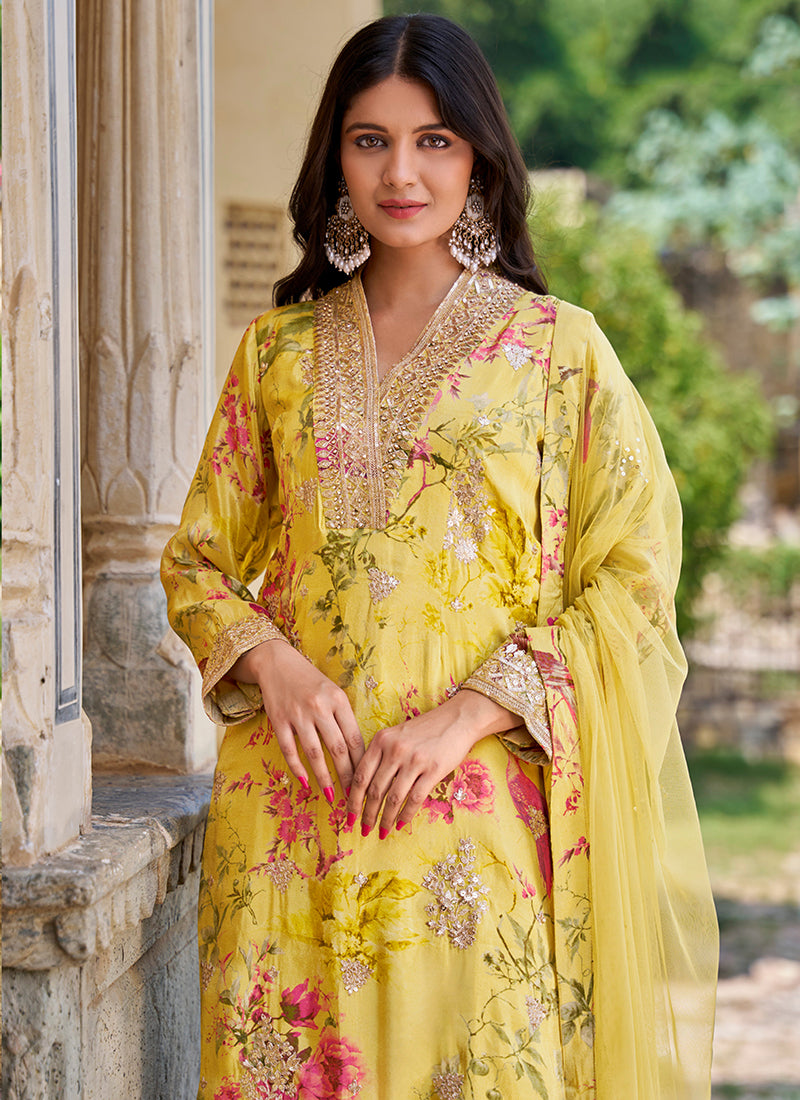 lime yellow modern Chinnon Palazzo Suit with Prints & Embroidery
