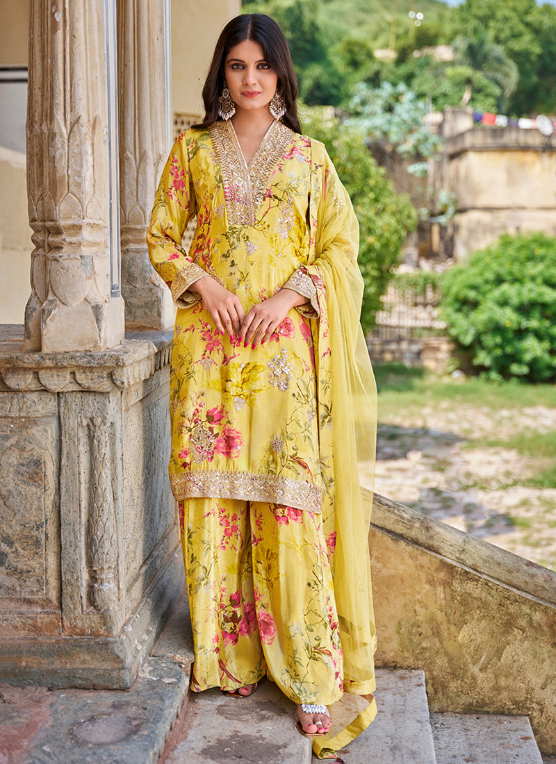 lime yellow modern Chinnon Palazzo Suit with Prints & Embroidery