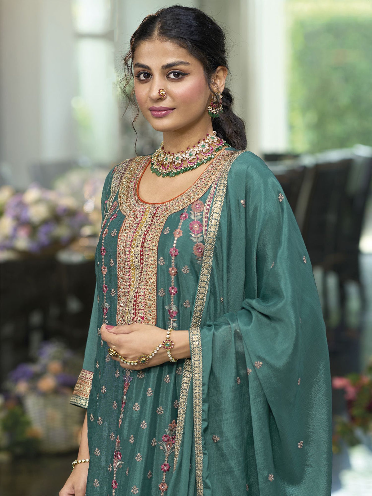 teal green multi embroidery palazzo suit