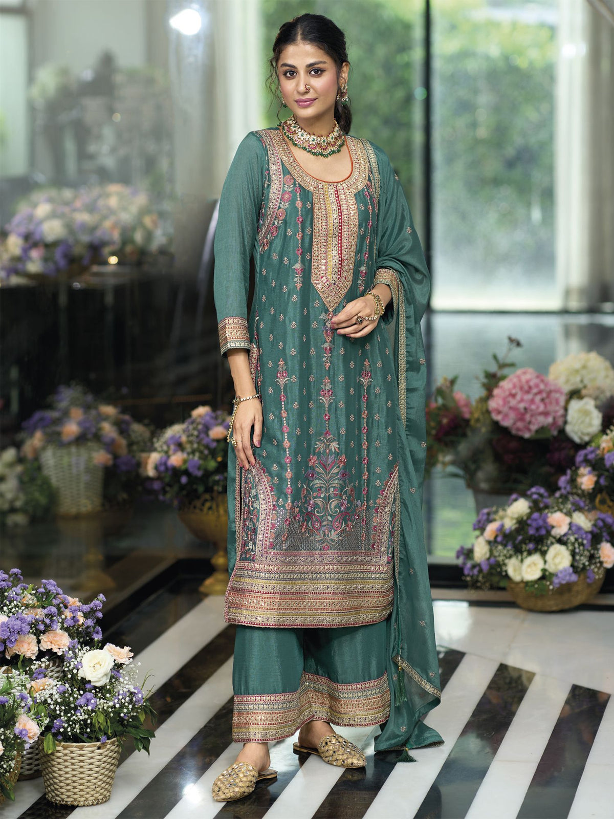 teal green multi embroidery palazzo suit