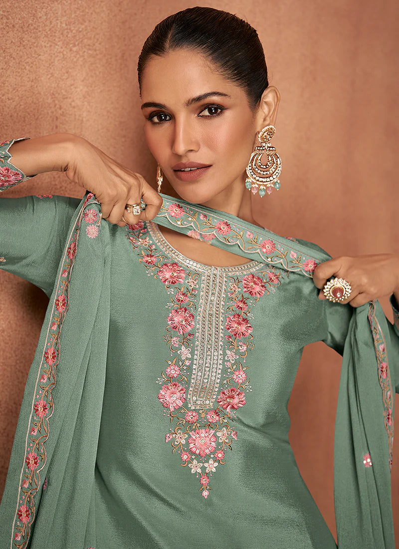 Teal Multi Embroidery Party Wear Sharara Suit