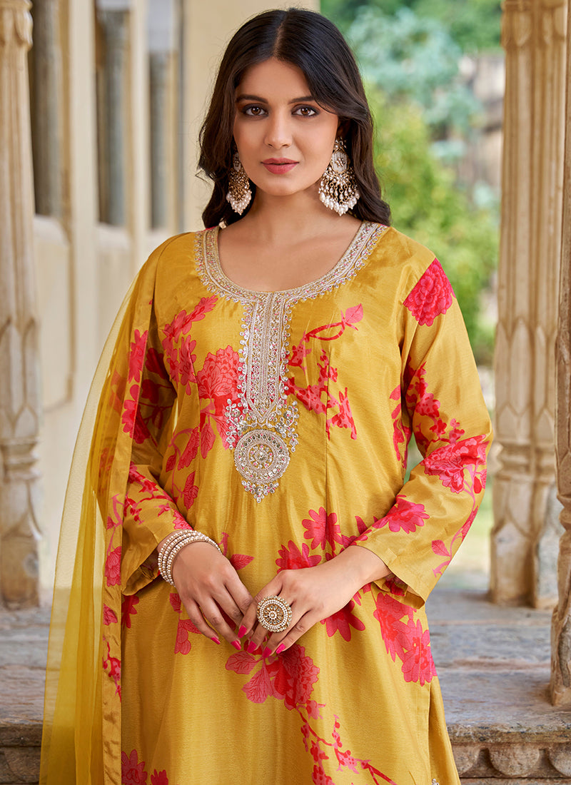 yellow modern Chinnon Palazzo Suit with Prints & Embroidery