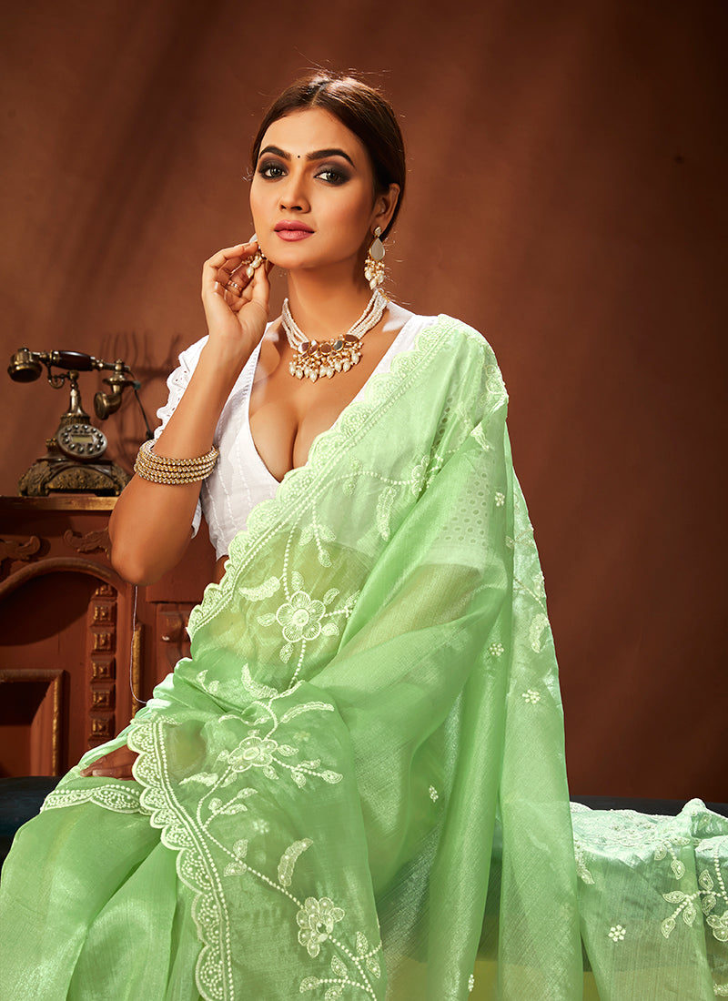 Green Sequence Embroidery Traditional Organza Silk Saree